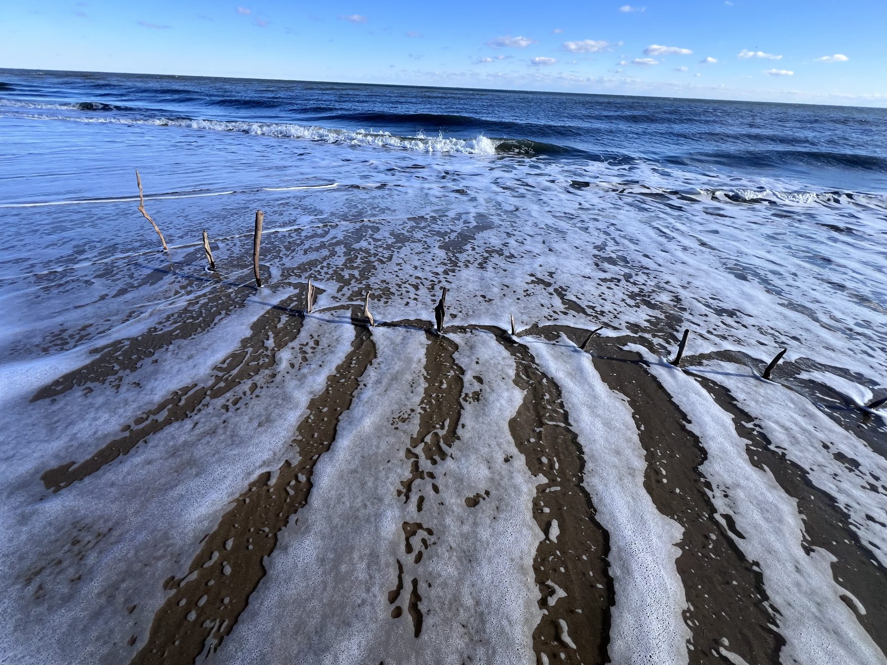 Parallel lines of foam stretching between sticks